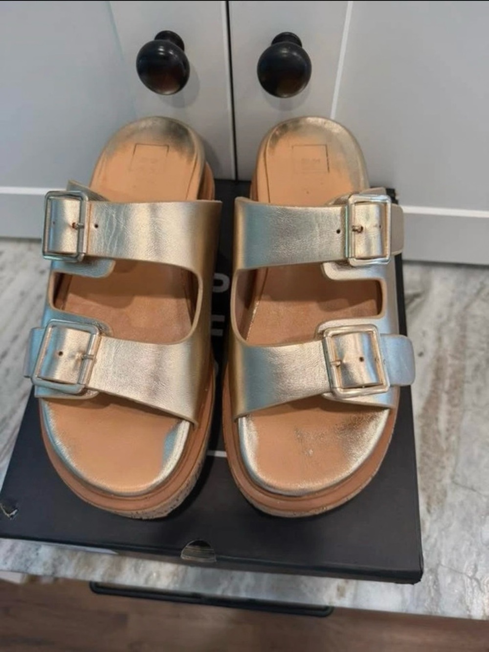 ShuShop Metallic Gold Double-Buckle Wedge Sandals